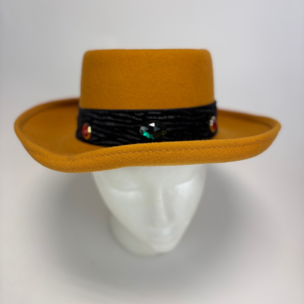 Lancaster Wool Fedora Hat Womens One Size Mustard Yellow Jewel Band‎ Vintage USA